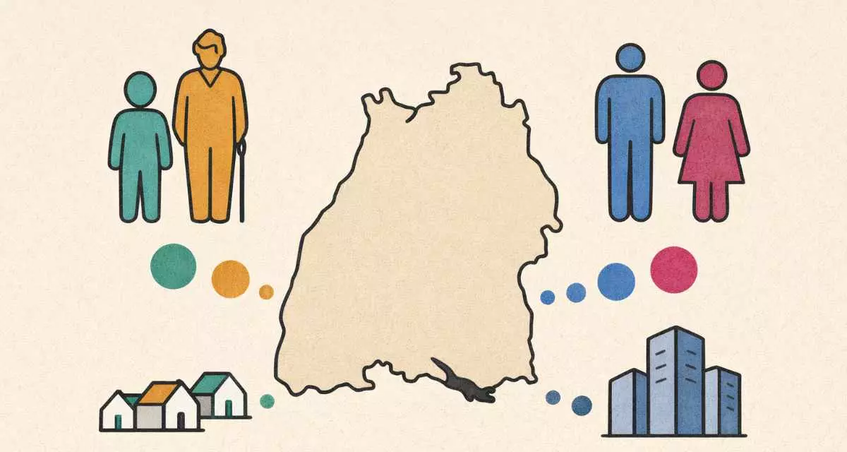 Illustration mit der Landkarte Baden-Württembergs, darum stilisierte alte, junge Menschen, männliche, weibliche, kleine Häuser und Hochhäuser.