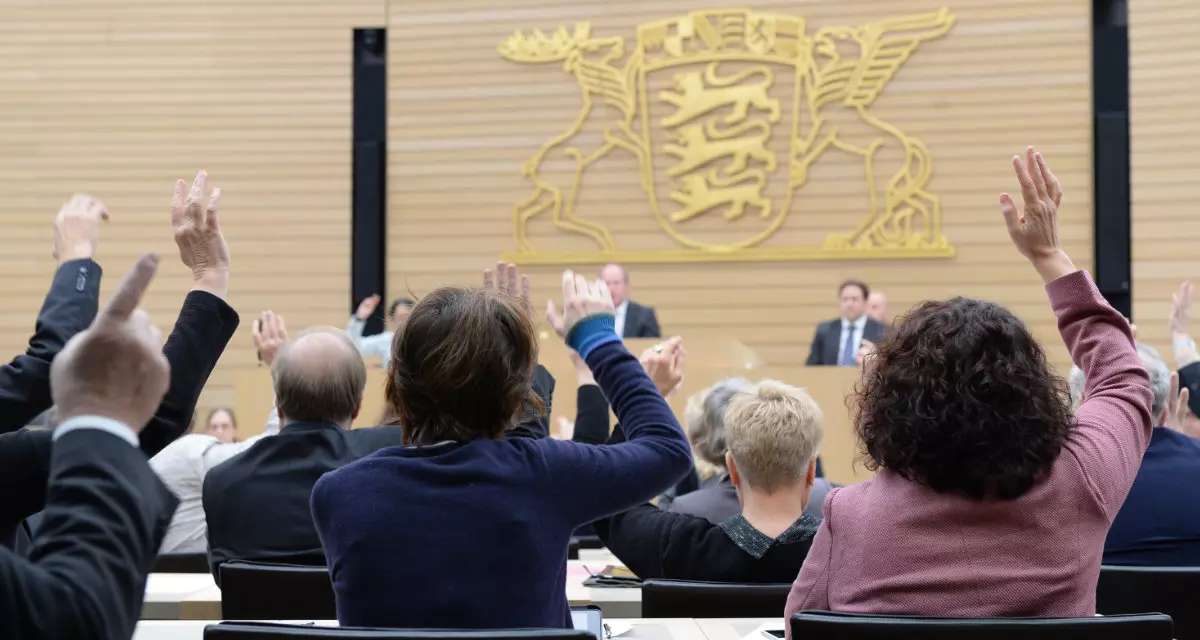 Abgeordnete heben bei einer Abstimmung im Plenarsaal die Hand.