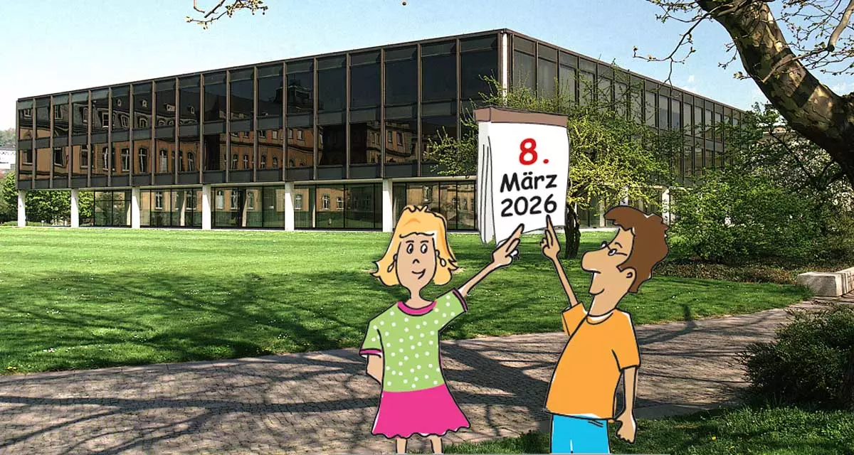 Landtag von Baden-Württemberg. Davor Grafik von einer Frau und Mann die auf ein Kalenderblatt zeigen 8. März 2026. Grafik: Tamara Dubinin