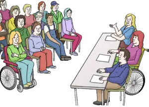 Grafik: Eine Versammlung von Menschen vor einem Tisch mit drei Personen Grafik: Eine Versammlung von Menschen vor einem Tisch mit drei Personen
