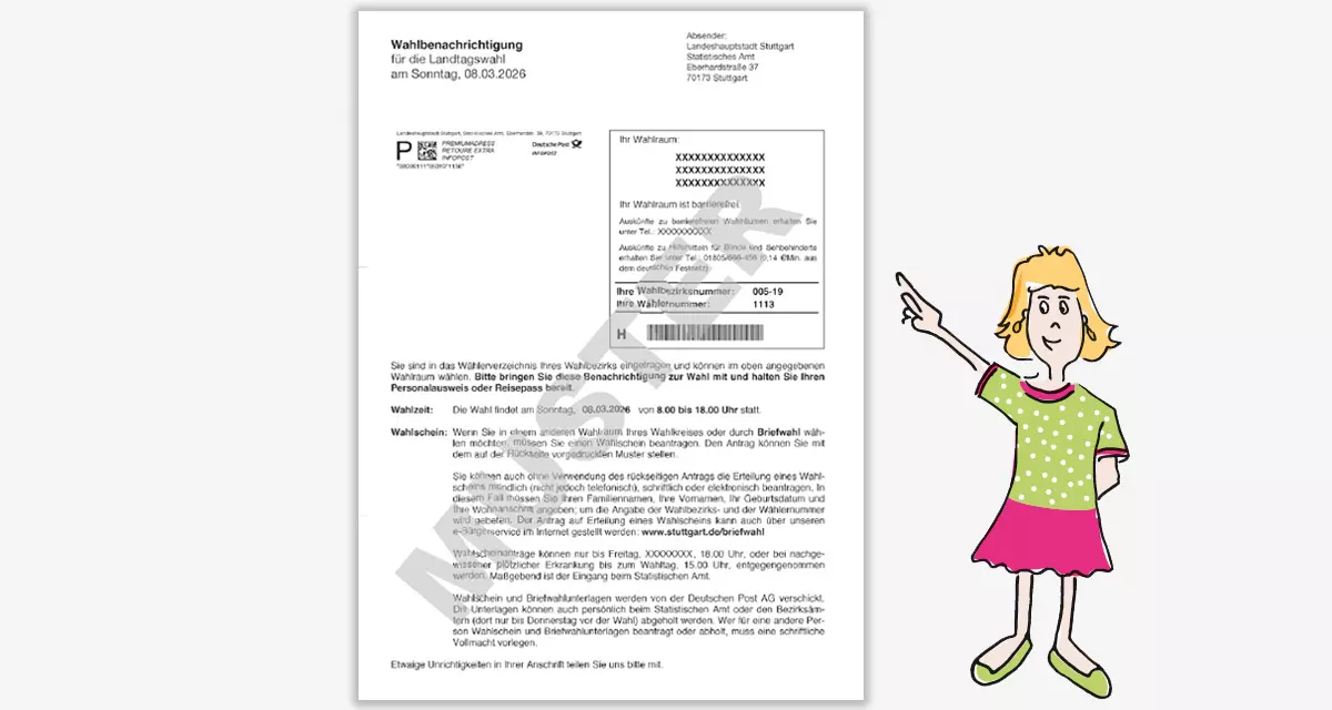 Muster einer Wahlbenachrichtigung zur Landtagswahl in Baden-Württemberg am 3. März 2026. Grafik: Tamara Dubinin