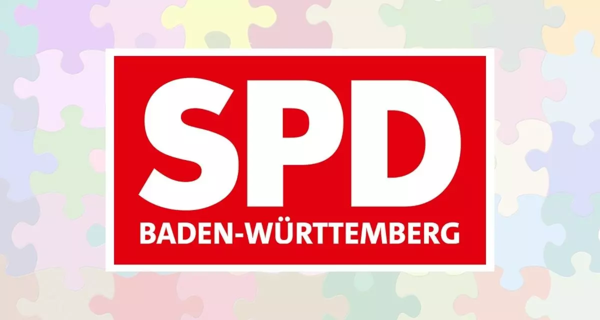 Logo der SPD Baden-Württemberg vor dem Hintergrund bunter Puzzleteile.