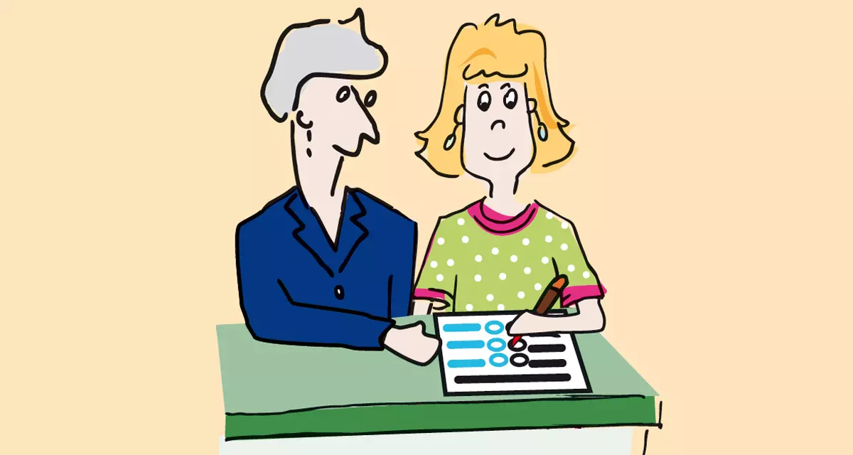 Hilfe bei Wählen. Eine Frau hilft einer anderen Frau beim Ausfüllen des Wahlzettels. Grafik: Tamara Dubinin