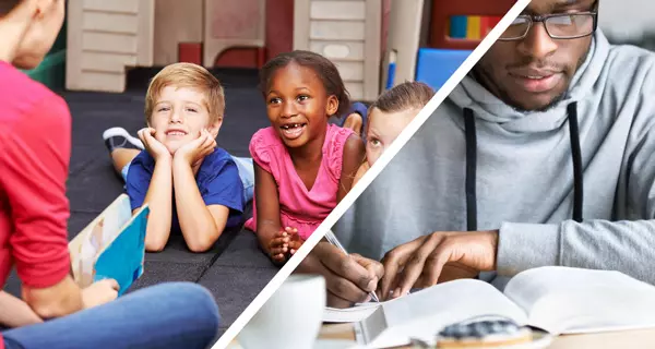 Symbolbilder für die Wahlthemen Bildung und Erziehung. Fotos: Canva, Grafik: LpB BW.