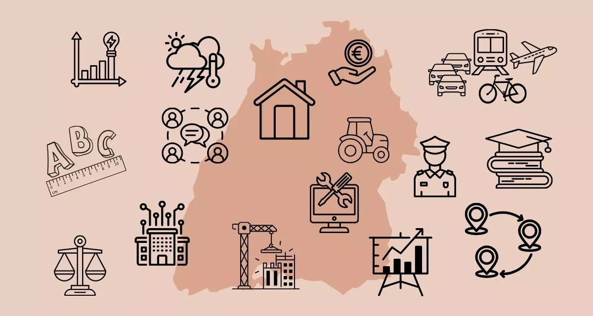 Umriss der Landkarte von Baden-Württemberg, darum Symbole für politische Themenfelder. 