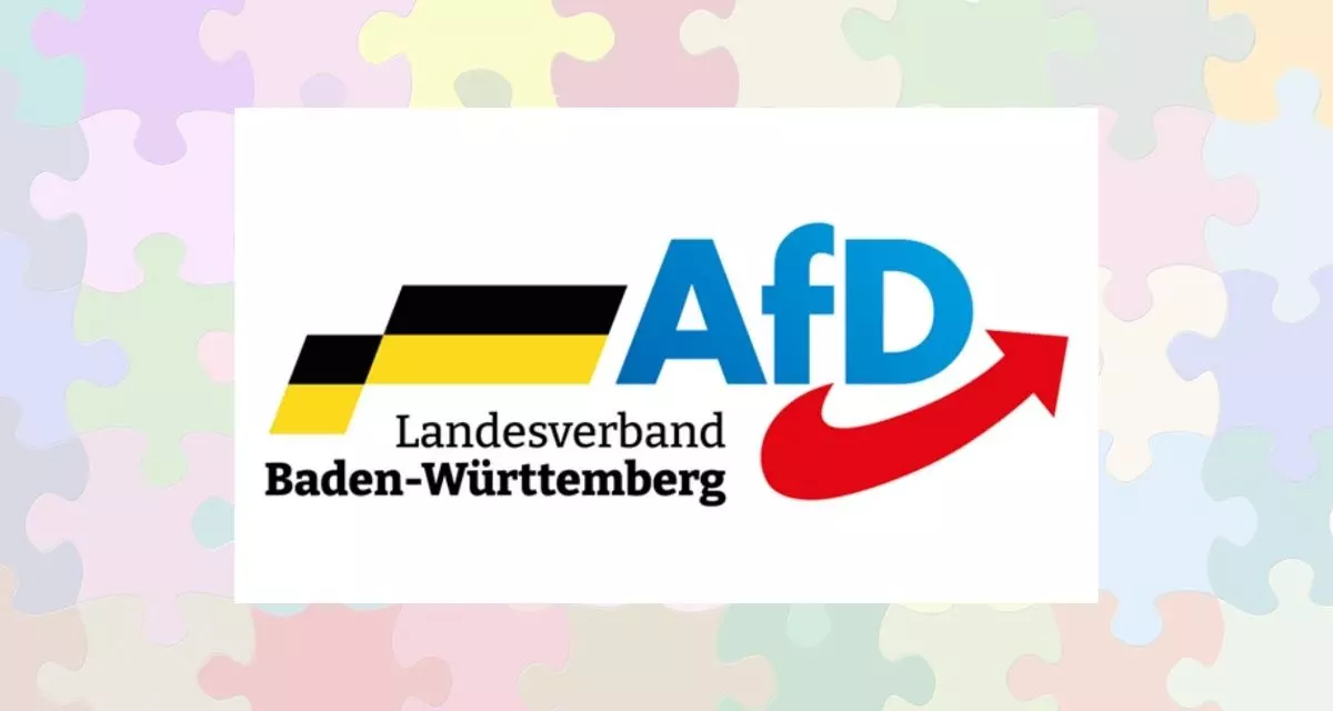 Logo der AfD Baden-Württemberg vor dem Hintergrund bunter Puzzleteile.