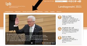 Die Startseite: Obere Leiste über dem großen Bild mit verschiedenen Bereichen. 