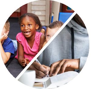 Symbolbilder für die Wahlthemen Bildung und Erziehung. Fotos: Canva, Grafik: LpB BW. 