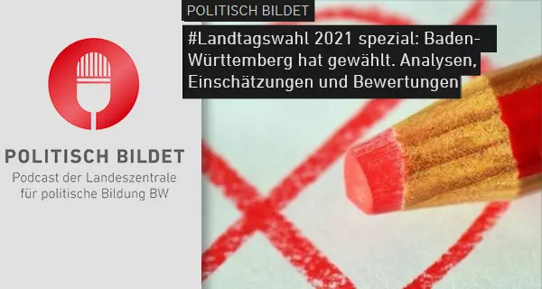 Logo des LpB-Podcasts "Politisch bildet" vor einem Wahlkreuz.