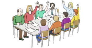 Grafik: Menschen sitzen an einem Tisch und stimmen durch Handheben ab Grafik: Menschen sitzen an einem Tisch und stimmen durch Handheben ab
