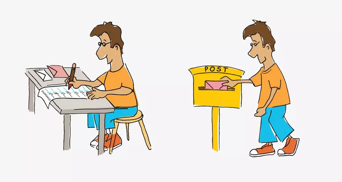 Wählen mit Briefwahl: Mann füllt am Schreibtisch die Wahlunterlagen aus und bringt sie zur Post. Grafik: Tamara Dubinin