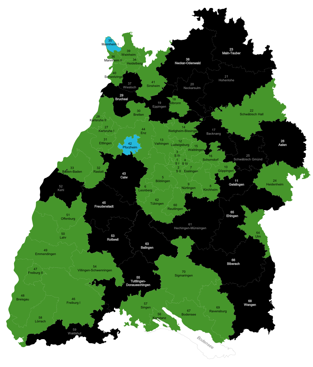 Verteilung der errungenen Erstmandate bei der Landtagswahl BW 2016