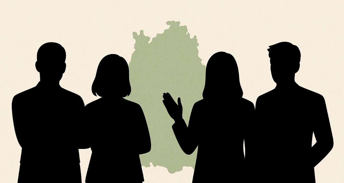 Die Silhouetten von vier Personen vor einem Umriss der Landkarte Baden-Württembergs.