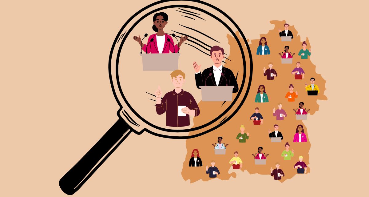 Illustration einer Karte von Baden-Württemberg, auf der mehrere Menschen zu sehen sind. Eine Lupe zeigt drei Personen vergrößert.