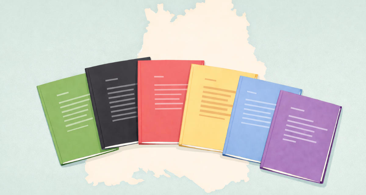 Illustration von sechs Heften in den Farben grün, schwarz, rot, gelb, blau, lila. Im Hintergrund Umrisse Baden-Württembergs.
