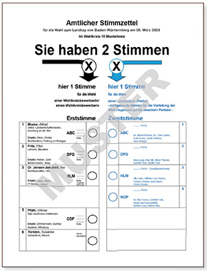 Muster eines Stimmzettels zur Landtagswahl in Baden-Württemberg 2026